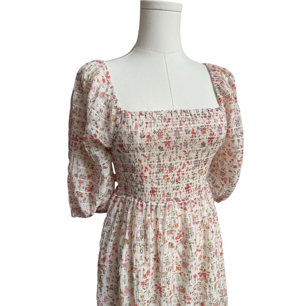 Rails Geena Ambrosia Smocked Puff Sleeve Mini Dress Size Small Cream/Pink Color - Picture 4 of 11